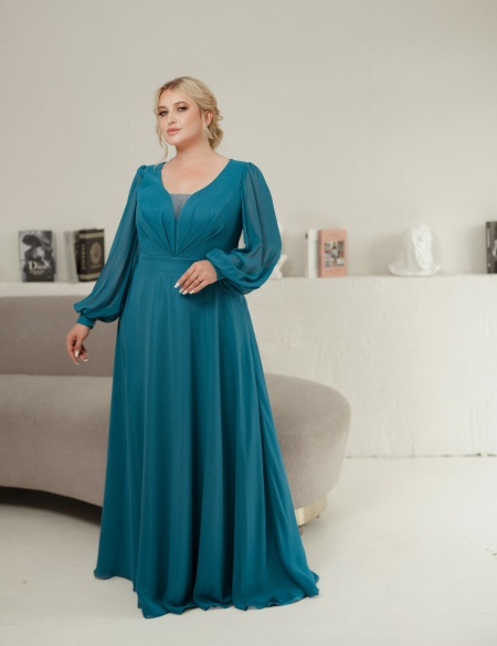 Шифоновое платье с длинными рукавами и декольте - Морская волна