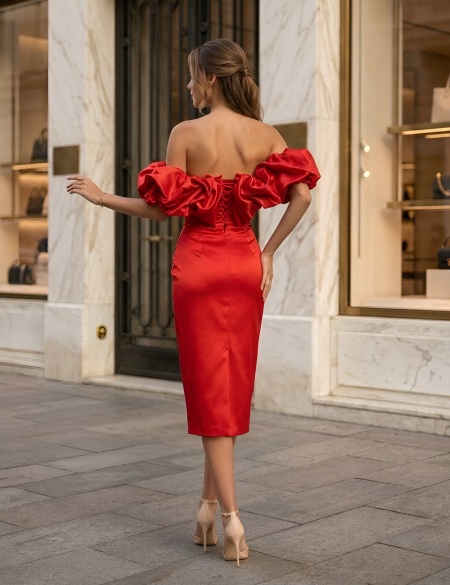 Красное платье миди с разрезом на ноге и оборкой