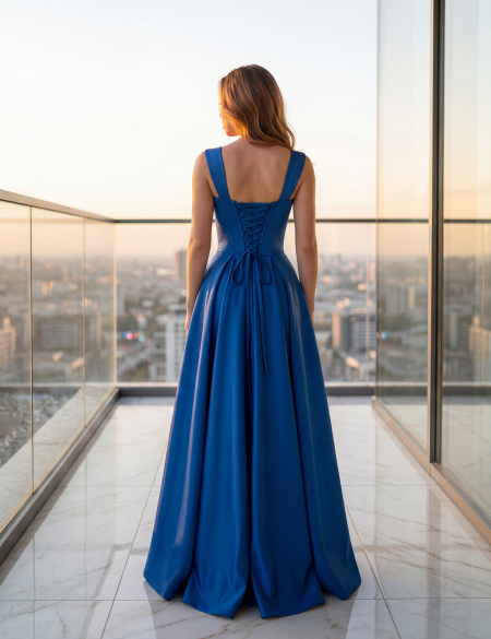 Синее атласное платье на бретельках с разрезом на ноге