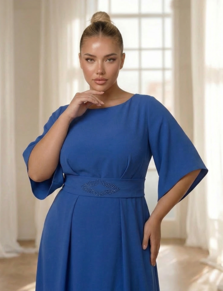 Платье по фигуре с брошью на талии и рукавами - Индиго
