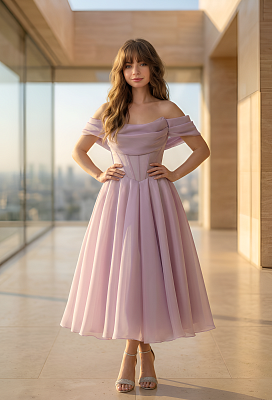 Пудровое платье со спущенными плечами а-силуэт
