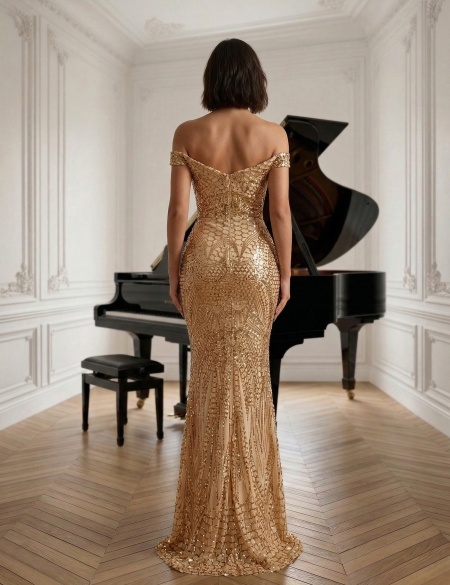 Золотое платье из пайеток со спущенными плечами