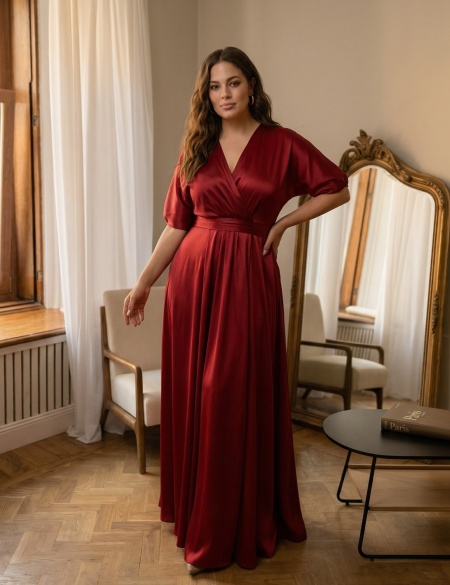 Бордовое атласное платье с карманами