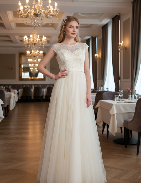 Кремовое фатиновое платье со стразами на лифе и поясе