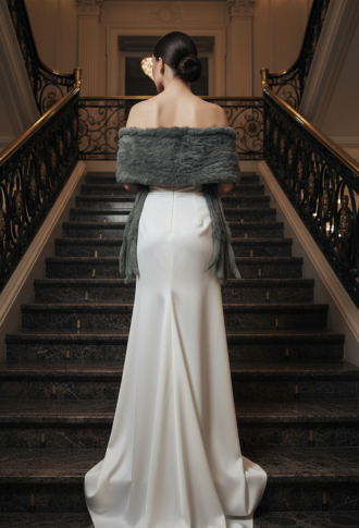 Серый палантин (накидка) с кисточками из натурального меха кролика