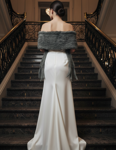 Серый палантин (накидка) с кисточками из натурального меха кролика