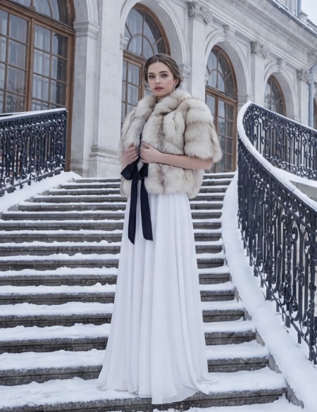 Шубка (болеро) из песца с чёрными атласными лентами