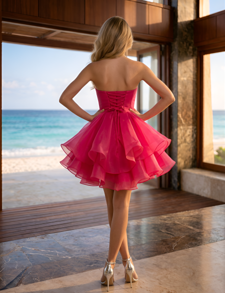 Малиновое платье мини из органзы с буфами