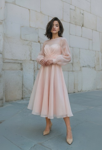 Бежевое платье миди из органзы с разрезом на ноге и длинными рукавами