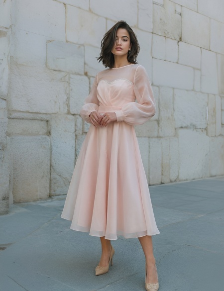 Бежевое платье миди из органзы с разрезом на ноге и длинными рукавами