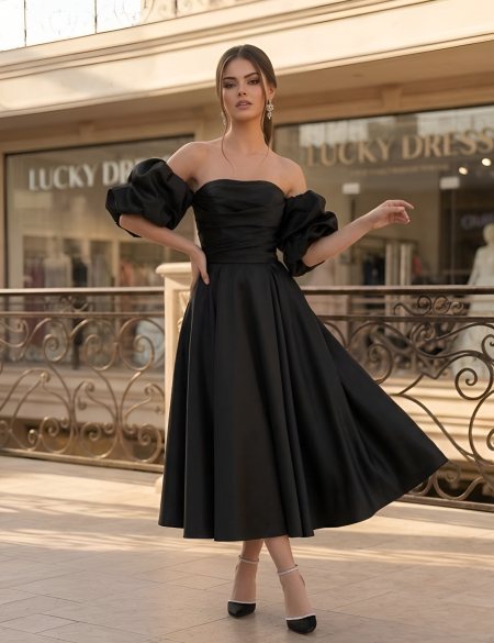 Чёрное платье миди из органзы с пояском