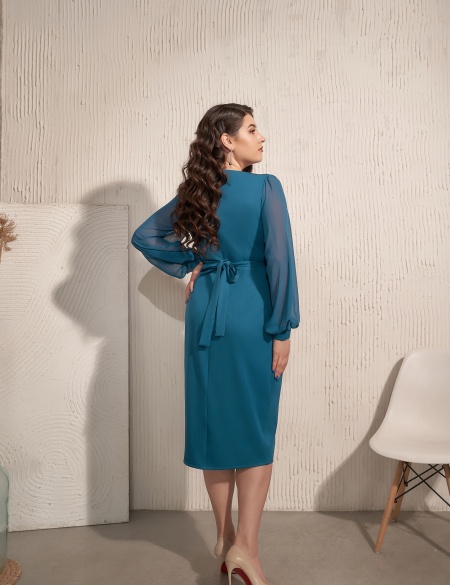 Платье миди с рукавами Морская волна