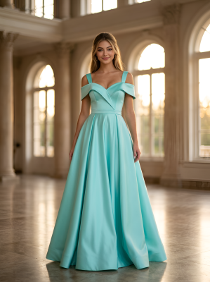 Бирюзовое атласное платье с разрезом