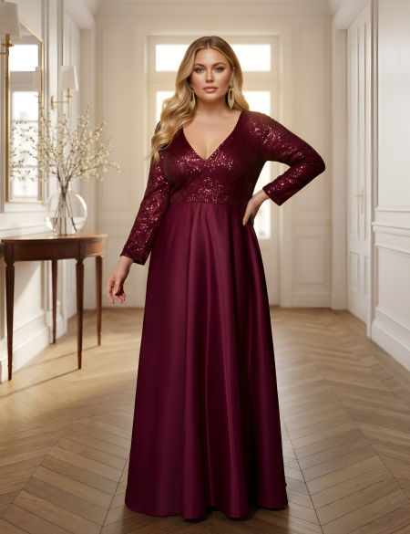 Бордовое атласное платье с длинными рукавами, верх декорирован пайетками