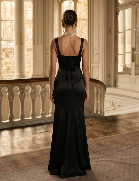 Черное платье с корсетным верхом и разрезом на ноге