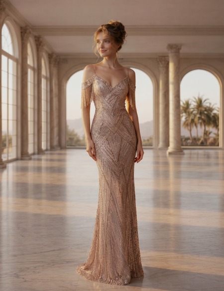 Золотое платье из пайеток со спущенными плечами и бусинами