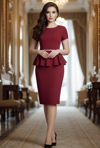 Бордовое платье с баской и поясок из страз