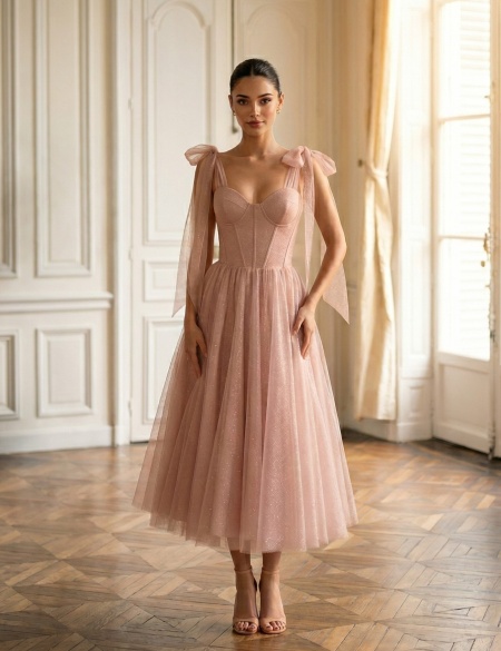 Бежевое платье миди с бантиками