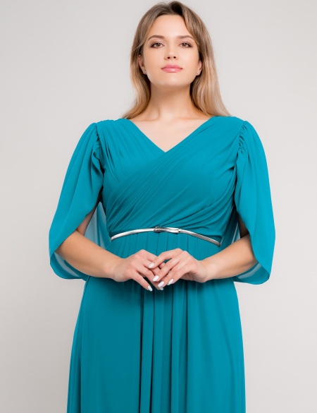 Трикотажное платье с шифоновыми рукавами крыло - Морская волна