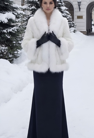 Вязаная белая норковая шуба с воротником из меха песца 