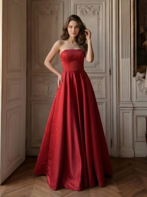 Бордовое платье в пол с лифом-бандо и пышной юбкой А-силуэта