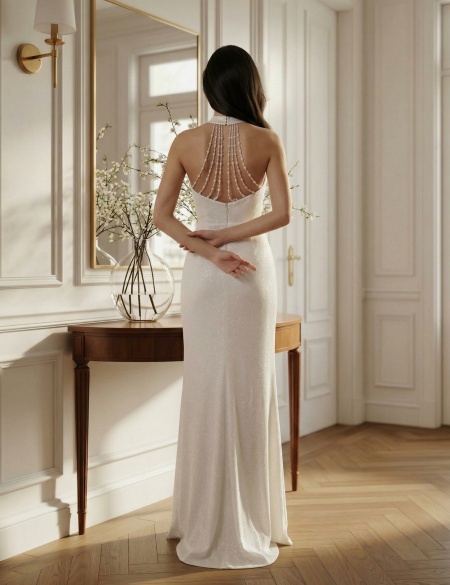 Белое вечернее платье с разрезом и высоким воротом