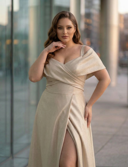 Бежевое атласное платье по фигуре со спущенными плечами