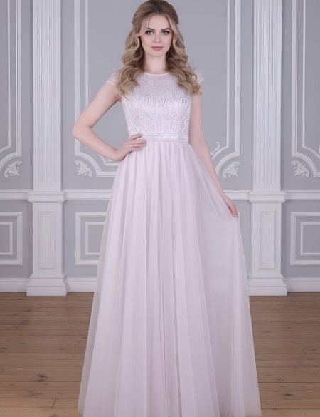 Фатиновое платье со стразами на лифе и поясе - Латте