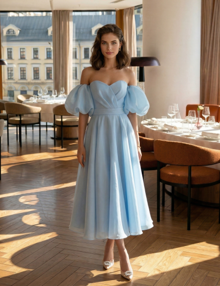 Голубое платье миди из органзы с буфами