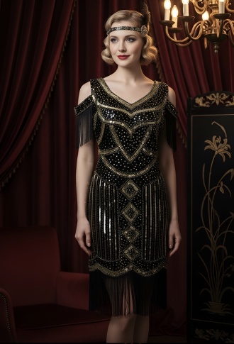 Чёрно-золотое платье в стиле Гэтсби с бахрамой на плечах
