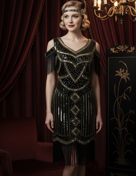 Чёрно-золотое платье в стиле Гэтсби с бахрамой на плечах