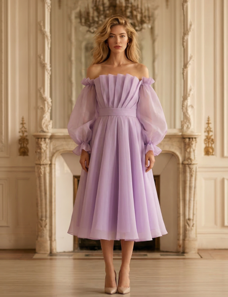 Лавандовое платье миди из органзы с длинными рукавами