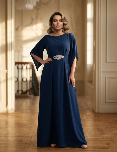 Тёмно-синее платье по фигуре с брошью на талии и рукавами