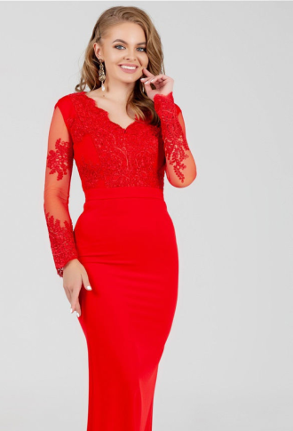 Красное платье по фигуре с кружевным верхом и длинными рукавами