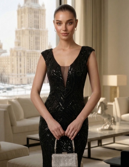 Черное платье из пайеток с бисером на спине