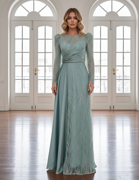 Мятное блестящее платье с длинными рукавами