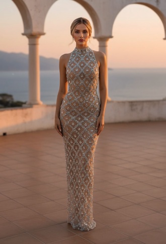 Серебряное платья по фигуре из стразами