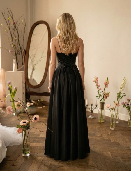 Чёрное атласное  платье на лямках с разрезом на ноге
