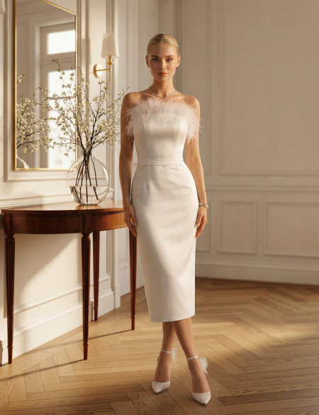 Белое атласное платье миди с перьями