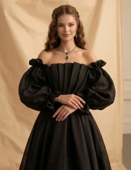 Чёрное платье миди из органзы с длинными рукавами