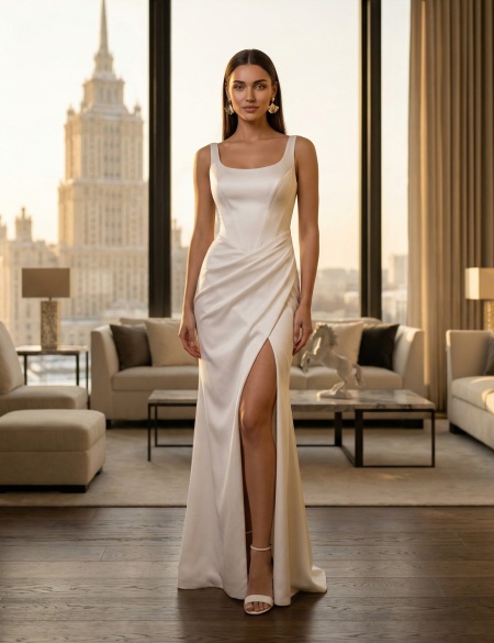 Белое платье с корсетным верхом и разрезом на ноге