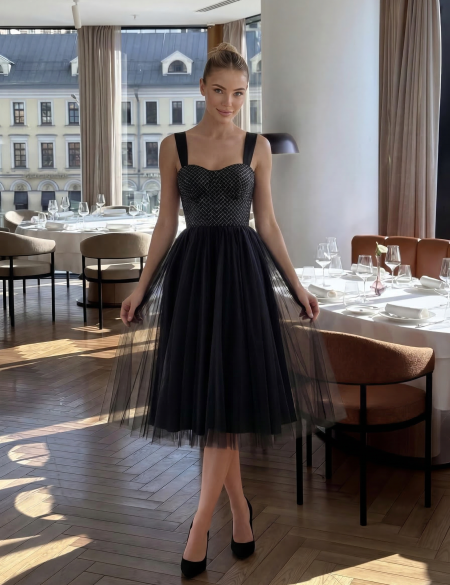 Черное платье миди юбка фатин, верх глиттер с бантиками на плечах
