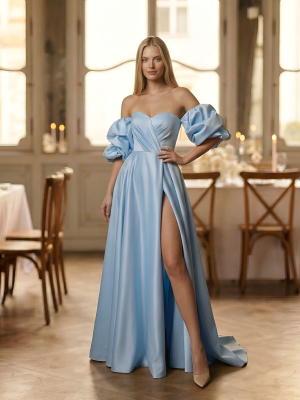 Голубое атласное платье бандо с разрезом на ноге и буфами