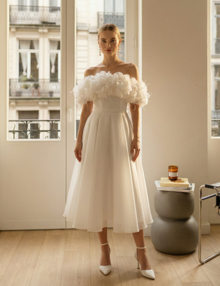 Белое платье миди из органзы с оборкой из цветов