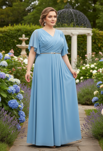 Голубое трикотажное платье с шифоновыми рукавами крыло