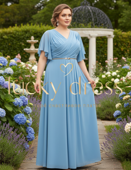 Голубое трикотажное платье с шифоновыми рукавами крыло