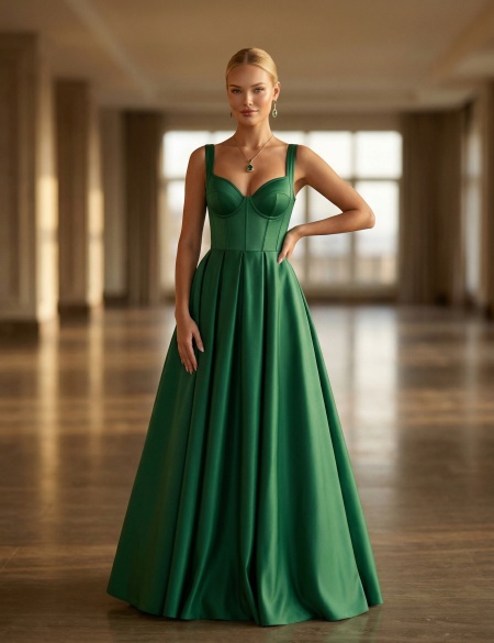 Изумрудное атласное платье на бретельках с разрезом на ноге