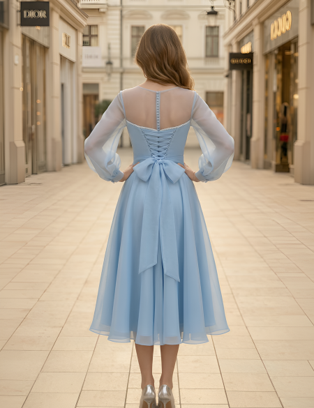 Голубое платье миди из органзы с разрезом на ноге и длинными рукавами