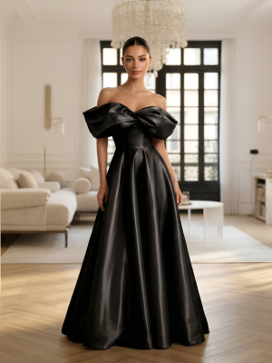 Чёрное вечернее платье в пол из блестящей органзы