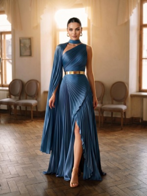 Голубое плиссированное платье макси с одним рукавом и поясом